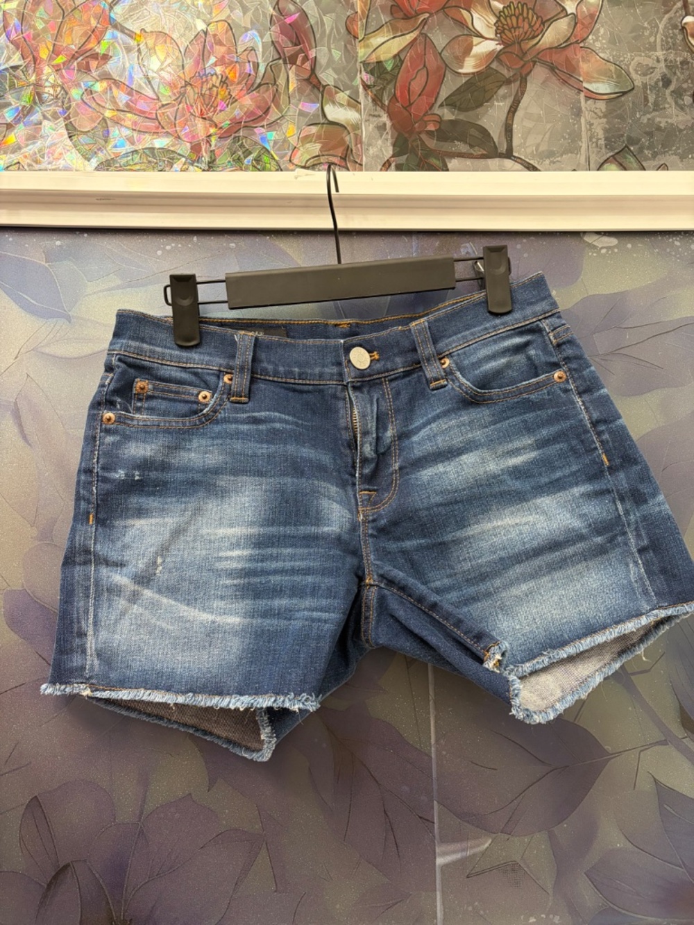 J.CREW INDIGO DENIM CUT OFF SHORTS DARK WASH DISTRESS MID RISE SZ 25